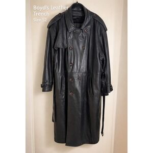 Boyds Leather Trench Coat Mens Size 52 Black Double Breasted Belted